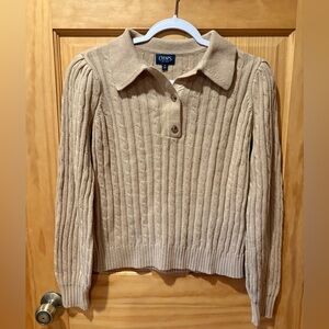 Chaps tan cable knit sweater with a collared, button-front design women’s M